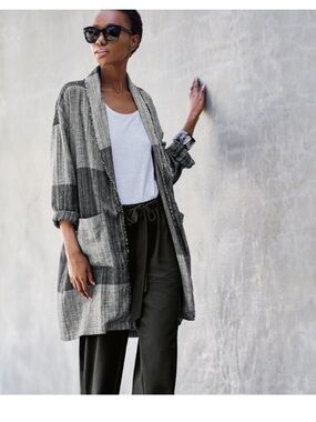 Eileen Fisher Black Organic Cotton Hazy Blocks Shawl Cardigan Jacket Size L/XL